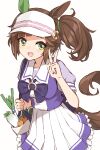  1girl :d animal_ears bag bow bowtie brown_hair carrying green_eyes hand_up highres horse_ears horse_girl horse_tail ines_fujin_(umamusume) looking_at_viewer mikuru_ism open_mouth puffy_short_sleeves puffy_sleeves purple_bow purple_bowtie purple_shirt radish sailor_collar shirt short_sleeves shoulder_bag side_ponytail simple_background skirt smile solo spring_onion tail umamusume upper_body v visor_cap white_background white_skirt 