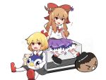  2girls bangs black_dress blonde_hair bow brown_hair collared_shirt commentary_request cookie_(touhou) dress eyebrows_visible_through_hair full_body genpatsu_(cookie) hair_bow hair_ribbon highres horns ibuki_suika izayoi_sakuya long_hair looking_at_viewer manatsu_no_yo_no_inmu miura_cat multiple_girls nadeko_(cookie) open_mouth piplup pokemon purple_skirt red_bow red_eyes red_footwear red_ribbon ribbon rumia shirt shoes short_hair sitting skirt smile socks totozame touhou v-shaped_eyebrows white_background white_legwear white_shirt yajuu_senpai yamin_(cookie) 