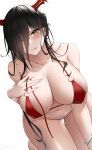  1girl absurdres all_fours azur_lane bikini black_hair blush bracelet breasts closed_mouth cloud collarbone eyes_visible_through_hair friedrich_der_grosse_(azur_lane) hair_over_one_eye hand_on_own_chest heart heart-shaped_pupils highres horns jewelry large_breasts larger_bmx long_hair looking_at_viewer mole mole_on_breast navel o-ring o-ring_bikini red_bikini simple_background skindentation solo stomach strap_slip swimsuit symbol-shaped_pupils thigh_gap tongue tongue_out very_long_hair white_background yellow_eyes 