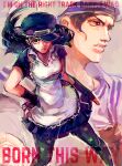  1boy 1girl apron black_eyes black_hair brother_and_sister chocoblood fingerless_gloves gloves hat hat_over_one_eye inset jojo_no_kimyou_na_bouken jojolion kira_yoshikage_(jojolion) lady_gaga_(copyright) long_hair lyrics maid nijimura_kei pantyhose sailor_hat siblings star_(symbol) star_print visor_cap 