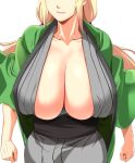  1girl alternate_breast_size arms_at_sides blonde_hair breasts closed_mouth collarbone gigantic_breasts haori head_out_of_frame highres japanese_clothes lipstick low_neckline makeup mature_female naruto naruto_(series) sidelocks simple_background skindentation smile solo striped tenpura_(tenpura621) tsunade_(naruto) upper_body vertical_stripes walking white_background 
