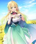  1girl :d bandaged_arm bandages bare_shoulders blonde_hair blue_sky breasts cloud commentary_request copyright_request day elf field flower flower_field gradient_hair green_eyes green_hair green_skirt hands_up highres kisaragi_yuri long_hair medium_breasts mountain multicolored_hair outdoors pointy_ears shirt single_wrist_cuff skirt sky sleeveless sleeveless_shirt smile solo streaked_hair very_long_hair virtual_youtuber white_shirt wrist_cuffs yellow_flower 