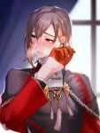  1boy blush brown_hair cape colored_inner_hair crying curtains ear_piercing gloves half_gloves hand_on_own_face jewelry multicolored_hair nu_carnival piercing pu6t4 red_eyes red_gloves red_hair solo tassel window yakumo_(nu_carnival) 