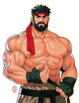  1boy abs artist_name bandages bara bare_pectorals beard belt biceps facial_hair hakama headband highres japanese_clothes large_pectorals looking_at_viewer male_focus mature_male muscular muscular_male nipples pectoral_cleavage pectorals ryu_(street_fighter) sideburns street_fighter street_fighter_6 thick_eyebrows topless_male veins wrinkled_skin xelgot 
