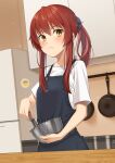  1girl absurdres apron black_apron blush closed_mouth cooking frown hair_ornament highres holding kitchen long_hair looking_at_viewer original ponytail red_hair shiny shiny_hair shirt short_sleeves sidelocks solo standing stock-world t-shirt white_shirt yellow_eyes 