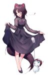  1girl :d animal_ears bangs black_dress breasts brown_hair closed_eyes dog_ears dog_tail dress eyebrows_visible_through_hair facing_to_the_side full_body highres inui_toko long_hair long_sleeves musical_note nijisanji shoes simple_background skirt_hold smile solo standing sukuna136 tail virtual_youtuber white_background 