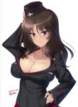  1girl alternate_costume artist_name blue_eyes blush breasts brown_hair cleavage closed_mouth collarbone covered_nipples dated el_(girls_und_panzer) eyebrows_visible_through_hair girls_und_panzer hand_on_hip hat highres kuromorimine_military_uniform kuzuryuu_kennosuke large_breasts long_hair looking_at_viewer military military_hat military_uniform shiny shiny_hair shiny_skin simple_background smile solo uniform upper_body white_background 