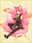  1girl animal_ear_fluff animal_ears bangs bare_shoulders between_legs black_dress black_footwear black_pants black_sleeves boots closed_mouth copyright_request detached_sleeves dress eyebrows_visible_through_hair fire fox_ears fox_girl fox_tail full_body hand_between_legs high_heel_boots high_heels kitsune long_sleeves pants red_eyes red_hair shikito sleeveless sleeveless_dress solo standing tail 