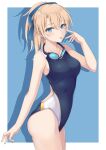  1girl akanbe black_swimsuit blonde_hair blue_background blue_eyes border competition_swimsuit cowboy_shot goggles goggles_around_neck hair_ribbon highres long_hair multicolored_clothes multicolored_swimsuit one-piece_swimsuit original rei_(09991) ribbon solo swimsuit tongue tongue_out white_border 
