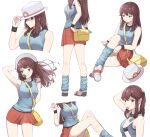  absurdres arm_behind_head arm_up armpits bag bare_arms blue_legwear blue_shirt brown_hair closed_mouth fook_(gcts5284) green_(pokemon) hat highres kneehighs long_hair looking_at_viewer loose_socks miniskirt mouth_hold multiple_views pleated_skirt pokemon pokemon_(game) pokemon_rgby ponytail red_eyes red_skirt shiny shiny_hair shirt skirt sleeveless sleeveless_shirt standing straight_hair tying_hair upper_body white_background white_headwear wristband 