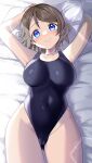  1girl absurdres ass_visible_through_thighs black_swimsuit blue_eyes breasts cameltoe collarbone commentary_request competition_swimsuit cowboy_shot grey_hair highleg highleg_swimsuit highres kazepana light_rays looking_at_viewer love_live! love_live!_sunshine!! lying medium_breasts one-piece_swimsuit pillow short_hair smile solo sunbeam sunlight swimsuit watanabe_you 