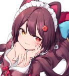  1girl :d animal_ears bangs blush brown_hair closed_mouth dog_ears eyebrows_visible_through_hair hair_ornament head_rest heterochromia inui_toko long_hair long_sleeves looking_at_viewer lying maid_headdress nijisanji on_stomach red_eyes smile solo sukuna136 twintails upper_body virtual_youtuber yellow_eyes 