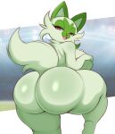  2022 absurd_res anthro back_boob big_breasts big_butt breasts butt cute_fangs female fur green_body green_fur hi_res huge_breasts huge_butt looking_at_viewer looking_back nintendo nude open_mouth pink_eyes pok&eacute;mon saltyxodium solo sprigatito thick_thighs tongue video_games 
