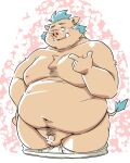  2022 anthro balls belly blush flaccid genitals gouryou humanoid_genitalia humanoid_hands humanoid_penis kemono lifewonders male mammal moobs navel nipples overweight overweight_male penis small_penis solo suid suina sus_(pig) takagi_kyou tokyo_afterschool_summoners video_games wild_boar 