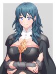  1girl armor bangs black_armor black_cape black_shirt blue_eyes blue_hair breasts bustier byleth_(fire_emblem) byleth_(fire_emblem)_(female) cape cleavage closed_mouth clothing_cutout commentary_request crossed_arms eyebrows_visible_through_hair fire_emblem fire_emblem:_three_houses grey_background hair_between_eyes highres large_breasts light_smile long_hair looking_at_viewer medium_hair mixed-language_commentary navel navel_cutout rere_(yusuke) shirt shoulder_armor sidelocks simple_background solo standing upper_body vambraces white_background 