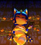  2022 absurd_res animal_crossing ankha_(animal_crossing) anthro bandage belly black_nose blue_eyes breasts container cup dialogue digital_media_(artwork) domestic_cat drinking_glass english_text felid feline felis female fingers front_view genitals glass glass_container glass_cup hi_res looking_at_viewer mammal nintendo pussy solo text theboogie video_games wine_glass 