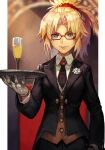  1girl bangs blonde_hair fate/apocrypha fate/grand_order fate_(series) formal glasses gloves green_eyes hair_intakes hair_ornament hungry_clicker jacket long_hair looking_at_viewer mordred_(fate) mordred_(fate/apocrypha) mordred_(formal_dress)_(fate) necktie ponytail red_scrunchie scrunchie shirt solo suit white_gloves white_shirt 