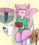  absurd_res aeris_(vg_cats) anthro bathroom bite biting_lip blue_eyes blush bodily_fluids breasts clothed clothing digital_media_(artwork) domestic_cat fart fart_cloud fart_fetish feces felid feline felis female fur game_console gaming genital_fluids hair handheld_console hi_res holding_console holding_object leaning mammal notmypornaccount panties panties_down partially_clothed peeing pink_body pink_fur playing_videogame pooping scat simple_background sitting solo sweater toilet toilet_paper toilet_plunger toilet_use topwear underwear underwear_down urine vg_cats video_games webcomic webcomic_character 