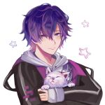  1boy cat highres hood hood_down looking_at_viewer male_focus nijisanji nijisanji_en noctyx orenorenji pale_skin purple_eyes purple_hair solo star_(symbol) uki_violeta virtual_youtuber white_background 