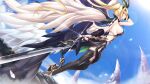  1girl beatrice_(tenmei_no_conquista) black_legwear black_wings blonde_hair blue_sky breasts day feathered_wings floating_hair from_below from_side full_body game_cg hand_in_hair highres holding holding_sword holding_weapon large_breasts lens_flare long_hair outdoors pointy_ears purple_eyes side_ponytail sideboob sky solo sword tenmei_no_conquista thighhighs very_long_hair weapon white_wings wings 