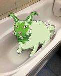  ambiguous_gender bathtub big_floppa felid feline feral fur green_body green_fur hi_res mammal meme mr_fuwa nintendo pok&eacute;mon pok&eacute;mon_(species) solo sprigatito video_games 
