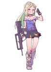  1girl assault_rifle bare_shoulders bike_shorts_under_skirt blonde_hair blush boots bullpup contrapposto cross-laced_footwear famas famas_(girls&#039;_frontline) fingerless_gloves girls&#039;_frontline gloves green_eyes grey_legwear gun highres jarv knee_boots lace-up_boots long_hair looking_at_viewer loose_socks pointing pointing_at_self rifle smile solo weapon white_background 