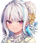  1girl bangs blue_hair blush closed_mouth eyebrows_visible_through_hair flower hair_flower hair_ornament lize_helesta looking_at_viewer lowres medium_hair multicolored_hair nijisanji portrait purple_eyes silver_hair simple_background smile solo sukuna136 two-tone_hair v-shaped_eyebrows white_background 
