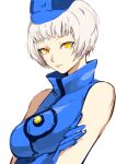  1girl absurdres blue_dress blue_gloves blue_headwear closed_mouth crossed_arms dress elizabeth_(persona) gloves highres igusaharu persona persona_3 short_hair silver_hair simple_background sketch sleeveless sleeveless_dress solo upper_body white_background yellow_eyes 