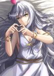  1girl armlet bangs bare_shoulders bracelet breasts caren_hortensia caren_hortensia_(amor_caren) collarbone dress fate/grand_order fate_(series) heart heart_hands highres jewelry ksfactory long_hair looking_at_viewer medium_breasts short_dress smile solo wavy_hair white_dress white_hair yellow_eyes 