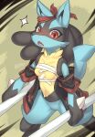  absurd_res anthro bandage blush breasts clothing featureless_breasts featureless_crotch female hi_res looking_at_viewer lucario mammal navel nintendo open_mouth pok&eacute;mon pok&eacute;mon_(species) solo standing video_games zinfyu 
