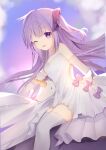  1girl azur_lane breasts cloud dress elbow_gloves gloves hair_bun highres long_hair one_eye_closed open_mouth outdoors purple_eyes purple_hair side_bun sitting sky small_breasts smile solo stuffed_animal stuffed_toy stuffed_unicorn stuffed_winged_unicorn sundress thighhighs thighs unicorn_(azur_lane) white_dress white_gloves white_legwear yanlan929 