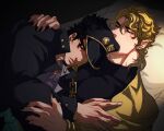  2boys black_nails dio_brando gakuran hat jacket jojo_no_kimyou_na_bouken kujo_jotaro less_end long_coat male_focus multiple_boys muscular muscular_male pillow scar scar_on_neck school_uniform sleeping sleeping_on_person stardust_crusaders yaoi yellow_jacket 