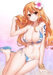  1girl arm_support arm_tattoo artist_name bikini binato_lulu blush bracelet breasts brown_eyes cleavage closed_mouth collarbone earrings flower hair_flower hair_ornament highres jewelry large_breasts long_hair looking_at_viewer nami_(one_piece) navel one_piece orange_hair sandals smile solo swimsuit tattoo 