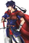  1boy armor bangs black_gloves blue_eyes blue_hair blue_tunic cape cowboy_shot en_(paorasuteki) fire_emblem fire_emblem:_path_of_radiance gloves headband ike_(fire_emblem) male_focus pants planted planted_sword profile red_cape short_hair short_sleeves shoulder_armor simple_background smile solo standing sword tunic weapon white_background white_pants 