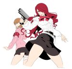  2girls absurdres armband bangs black_skirt bow bowtie brown_eyes brown_hair closed_mouth cropped_legs dress_shirt floating_hair gun hair_between_eyes hair_over_one_eye handgun highres holding holding_gun holding_weapon igusaharu kirijou_mitsuru long_hair long_sleeves looking_at_viewer miniskirt multiple_girls parted_lips persona persona_3 pink_sweater red_bow red_bowtie red_eyes red_hair red_lips school_uniform shirt short_hair simple_background sketch skirt sweater takeba_yukari very_long_hair weapon white_background white_shirt 