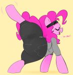  accessory anus anus_outline big_butt butt clothed clothing earth_pony english_text equid equine exclamation_point eyes_closed female feral friendship_is_magic hair hasbro headband hi_res hoodie horse mammal my_little_pony open_mouth ota_(artist) pink_body pink_hair pinkie_pie_(mlp) pony solo stretching sweatpants text tongue tongue_out topwear 
