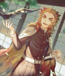  1boy :d belt belt_buckle bird black_jacket blonde_hair buckle cape dutch_angle hakama hand_on_hilt highres jacket japanese_clothes katana kimetsu_no_yaiba long_hair long_sleeves multicolored_cape multicolored_clothes multicolored_hair niza023 open_mouth orange_eyes red_hair rengoku_kyoujurou sheath sheathed smile solo standing sword two-tone_hair weapon white_belt 