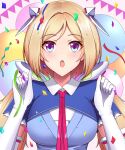  1girl absurdres aki_rosenthal balloon bangs birthday blonde_hair blue_dress blue_eyes blue_jacket confetti detached_hair dress elbow_gloves eyebrows_visible_through_hair gloves headgear highres hololive jacket long_hair looking_at_viewer low_twintails open_mouth overskirt parted_bangs purple_eyes sei_joshikou short_hair short_sleeves shrug_(clothing) solo twintails upper_body virtual_youtuber white_dress white_gloves 