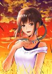 1girl :d bangs bare_arms brown_eyes brown_hair character_request cloud collarbone eyebrows_visible_through_hair floating_hair gradient_sky hair_intakes highres kaijin-m long_hair off_shoulder open_mouth orange_sky outdoors shiny shiny_hair shirt sky sleeveless sleeveless_shirt smile solo sunset wheat_field white_shirt 