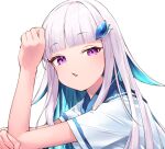  1girl bangs blue_hair blue_shirt blunt_bangs colored_inner_hair eyebrows_visible_through_hair from_side hair_ornament hands_up lize_helesta looking_at_viewer looking_to_the_side multicolored_hair nijisanji parted_lips purple_eyes shirt short_sleeves silver_hair simple_background solo sukuna136 upper_body virtual_youtuber white_background 