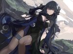  1girl absurdres bandages bangs black_dress black_hair blue_hair breasts dress flower hair_between_eyes highres long_hair medium_breasts mountain pantyhose prosthesis prosthetic_arm punishing:_gray_raven selena_(punishing:_gray_raven) slm solo 