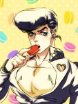  1boy anchor_ornament black_hair blue_eyes broad_shoulders diamond_wa_kudakenai earrings eating food gakuran heart higashikata_josuke jewelry jojo_no_kimyou_na_bouken large_pectorals less_end macaron male_focus pectorals pompadour school_uniform solo 