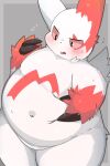  2022 anthro belly big_belly biped blush bodily_fluids claws digital_media_(artwork) fur hand_on_stomach looking_down male mammal markings navel nintendo nude open_mouth overweight overweight_anthro pok&eacute;mon pok&eacute;mon_(species) red_body red_fur red_markings rokacake simple_background solo sweat sweatdrop thick_thighs video_games white_body white_fur wide_hips zangoose 