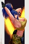  1girl armlet arms_up bare_shoulders belt blue_eyes blue_hair breasts camouflage camouflage_pants dog_tags gloves large_breasts leona_heidern pants ponytail pouch rejean_dubois solo tank_top the_king_of_fighters the_king_of_fighters_xiv the_king_of_fighters_xv yellow_tank_top 
