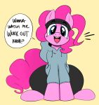  accessory clothed clothing dialogue earth_pony english_text equid equine female feral friendship_is_magic hair hasbro headband hi_res hoodie horse looking_at_viewer mammal my_little_pony open_mouth ota_(artist) pink_body pink_hair pinkie_pie_(mlp) pony sitting solo speech_bubble sweatpants talking_to_viewer text topwear wide_hips 