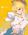  1girl blonde_hair blush highres illustluce jingburger long_hair long_sleeves looking_at_viewer pale_skin pants red_eyes shirt solo tongue tongue_out waktaverse white_shirt yellow_background 