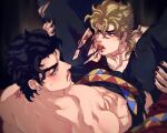  2boys birthmark bite_mark bleeding blonde_hair blood blood_on_leg cuts dio_brando earrings head_between_thighs injury jewelry joestar_birthmark jojo_no_kimyou_na_bouken kujo_jotaro less_end licking_thigh male_focus multiple_boys no_hat no_headwear pants red_eyes spread_legs stardust_crusaders tongue tongue_out topless_male torn_clothes torn_pants vampire yaoi 