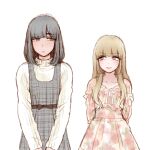  2boys arms_behind_back bangs black_hair blonde_hair blunt_bangs crossdressing dress eye_contact floral_print frills height_difference looking_at_another male_focus mole mole_under_eye mole_under_mouth multiple_boys original otoko_no_ko parted_lips plaid ribbon smile turtleneck v_arms yuki_touko 