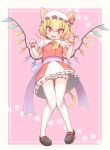  1girl :d animal_ears ascot bangs black_footwear blonde_hair bloomers bow bracelet cat_day cat_ears cat_tail clenched_hands crystal eyebrows_visible_through_hair fang flandre_scarlet flat_chest frilled_skirt frills harunoha hat highres jewelry knees_together_feet_apart mob_cap open_mouth paw_pose paw_print paw_print_background pink_background puffy_short_sleeves puffy_sleeves red_bow red_eyes red_skirt red_vest sash shirt shoes short_hair short_sleeves simple_background skirt slit_pupils smile solo tail thighhighs touhou underwear vest white_legwear wings yellow_ascot 