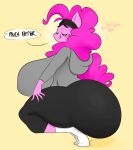  &lt;3 accessory anthro anthrofied big_breasts big_butt blush breasts butt clothed clothing earth_pony english_text equid equine eyes_closed female footwear friendship_is_magic hair hasbro headband hi_res hoodie horse huge_breasts huge_butt mammal my_little_pony ota_(artist) pink_body pink_hair pinkie_pie_(mlp) pony smile socks solo speech_bubble sweatpants text topwear transformation 